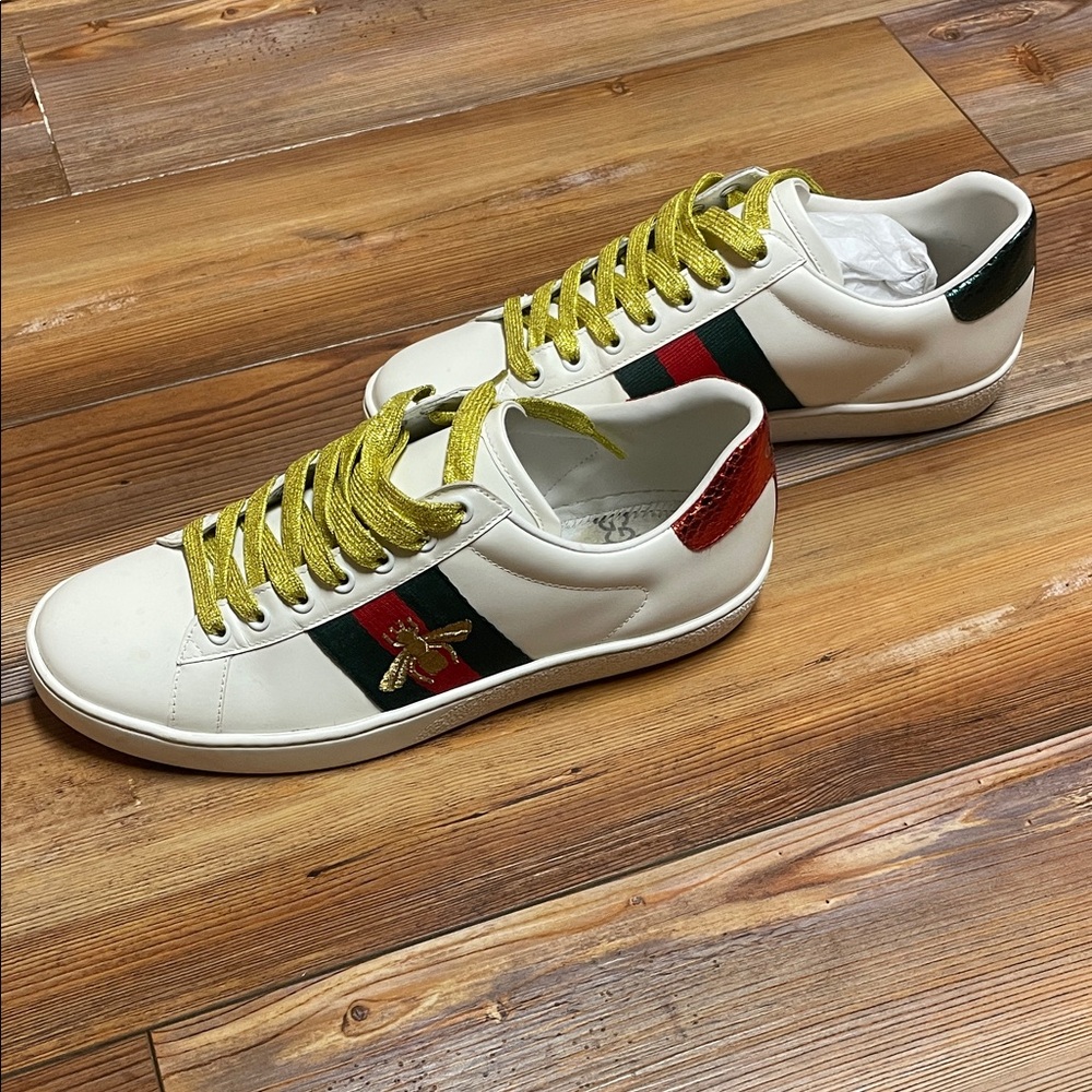 Gucci White Sneakers with Gold and Red Accents